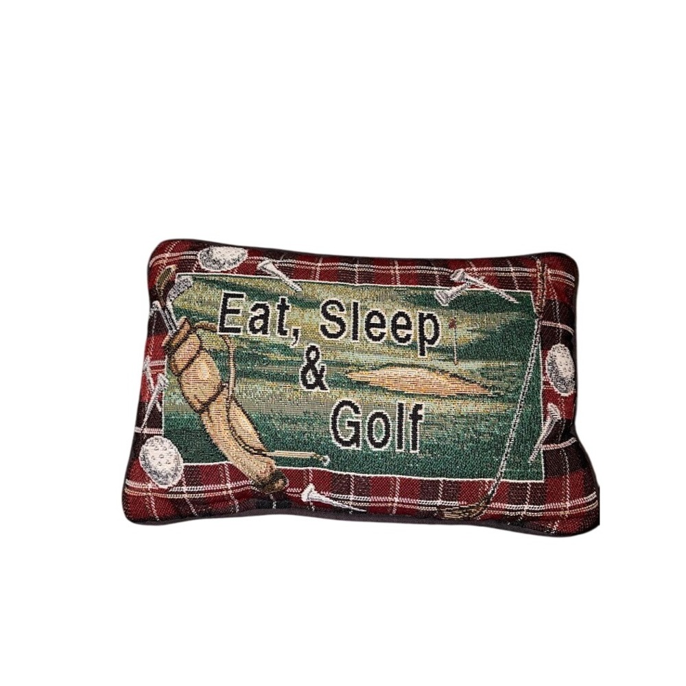 Vintage Eat Sleep & Golf Woven Tapestry Accent Pillow Red Plaid Decorative Decor